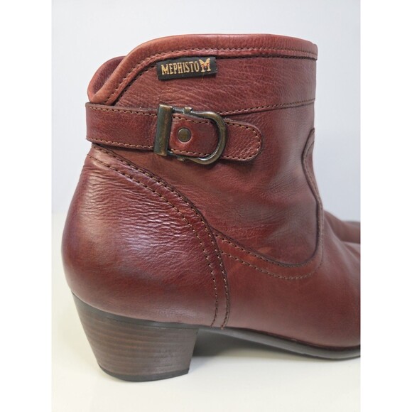 Mephisto Congac Brown Ankle Boots Sz 9 Leather Classic Side Zip Low Heel Buckle - Picture 4 of 12